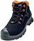 Black safety shoe with orange accents and reinforced toe cap, suitable for work environments.