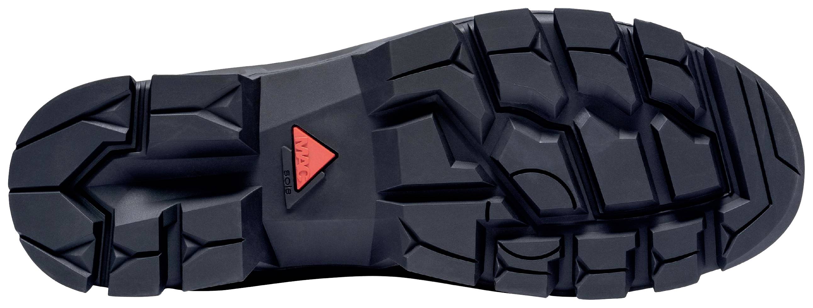Black boot sole with deep, coarse tread and red triangle in the centre, provides strong grip and stability.