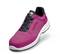 A pink, sporty safety shoe with black inner lining and white sole. The brand name is printed on the tongue.