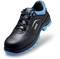 Black safety shoe with blue accents and laces, 'uvex' logo on the side, suitable for industrial work environments.