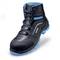 Black work shoe with blue accents and lacing. Labelled with 'uvex'. Robust design, suitable for safe working.