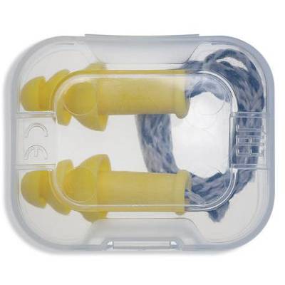 Earplugs in a clear plastic box. The earplugs are yellow and connected by a blue cord.