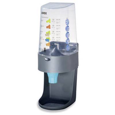 Earplugs dispenser with a transparent container and grey base. Contains earplugs in various colours for noise protection use.