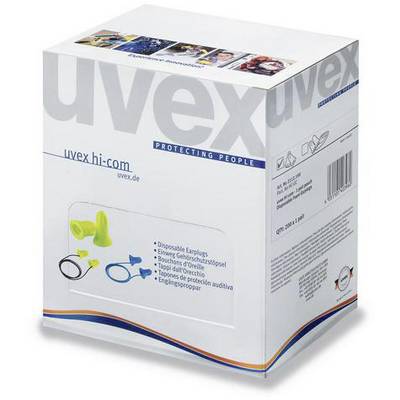 Packaging for 'uvex hi-com' featuring an image of yellow disposable earplugs and product information. Brand slogan: 'Protecting People'.