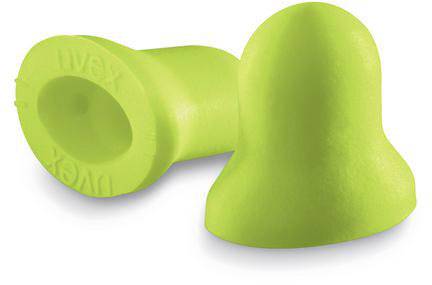 Two green earplugs are lying side by side. They are conically shaped and made from firm, flexible material.
