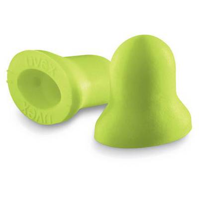 Two green earplugs are lying side by side. They are conically shaped and made from firm, flexible material.