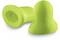 Two green earplugs are lying side by side. They are conically shaped and made from firm, flexible material.