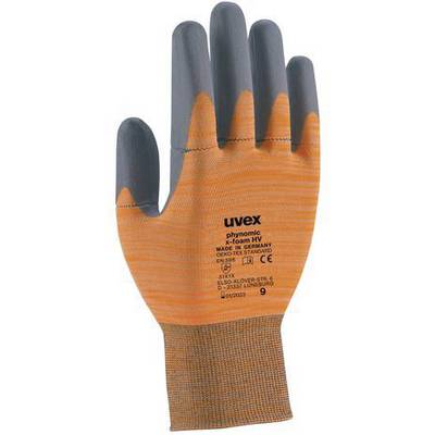 An orange and grey work glove with black fingertips from the 'uvex phynomic x-foam HV' series, suitable for precision tasks.