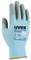 Light blue work glove with grey palm, printed with 'uvex phynomic C3', marked 'MADE IN GERMANY', various symbols.