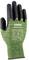 Green work glove with black fingertips and palm, 'uvex' brand, size 9, manufactured in Germany.