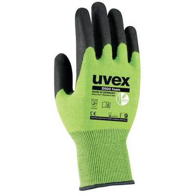 Green safety glove with black coating. Inscription: 'uvex D500 foam', manufactured in Germany, CE marking.