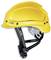 Yellow safety helmet with chin straps, marked with 'uvex', used for workplace safety.