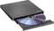 An external CD/DVD drive with an open tray and a CD inserted. The casing is black and has a brushed surface.