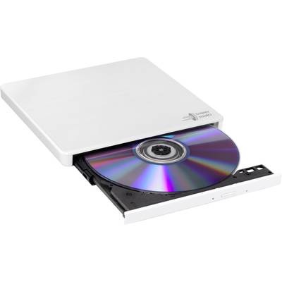 External optical drive in white casing with a protruding CD, suitable for Mac and Windows, compact and portable.