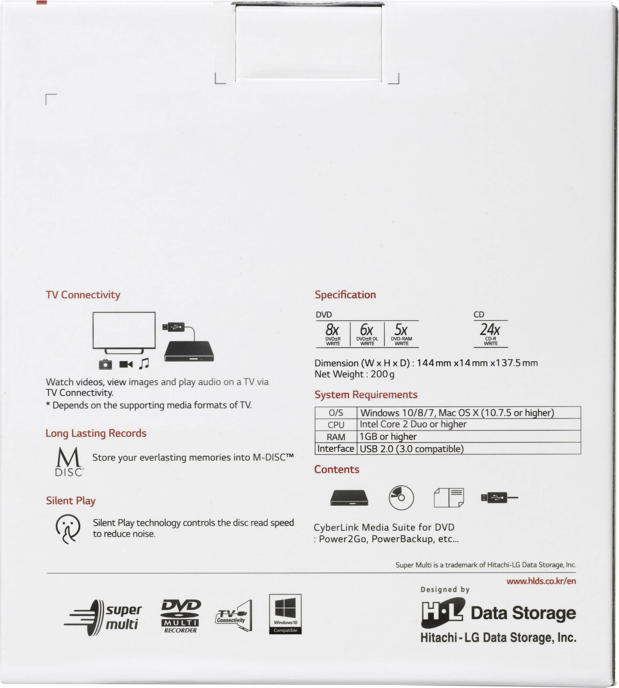 'TV Connectivity': Transmits videos/audio to TV. 'Specification': Various speeds, supports DVD/CD. 'Silent Play': Reduces reading noise.