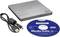 External DVD burner with USB cable and a CD labelled 'Media Suite 10'. Ideal for data backup and media playback.