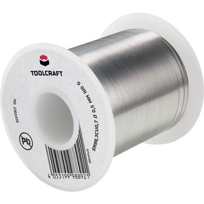 A reel of solder wire by Toolcraft, 0.5 mm diameter, 100 g. The reel displays the barcode and indication of lead-containing material.