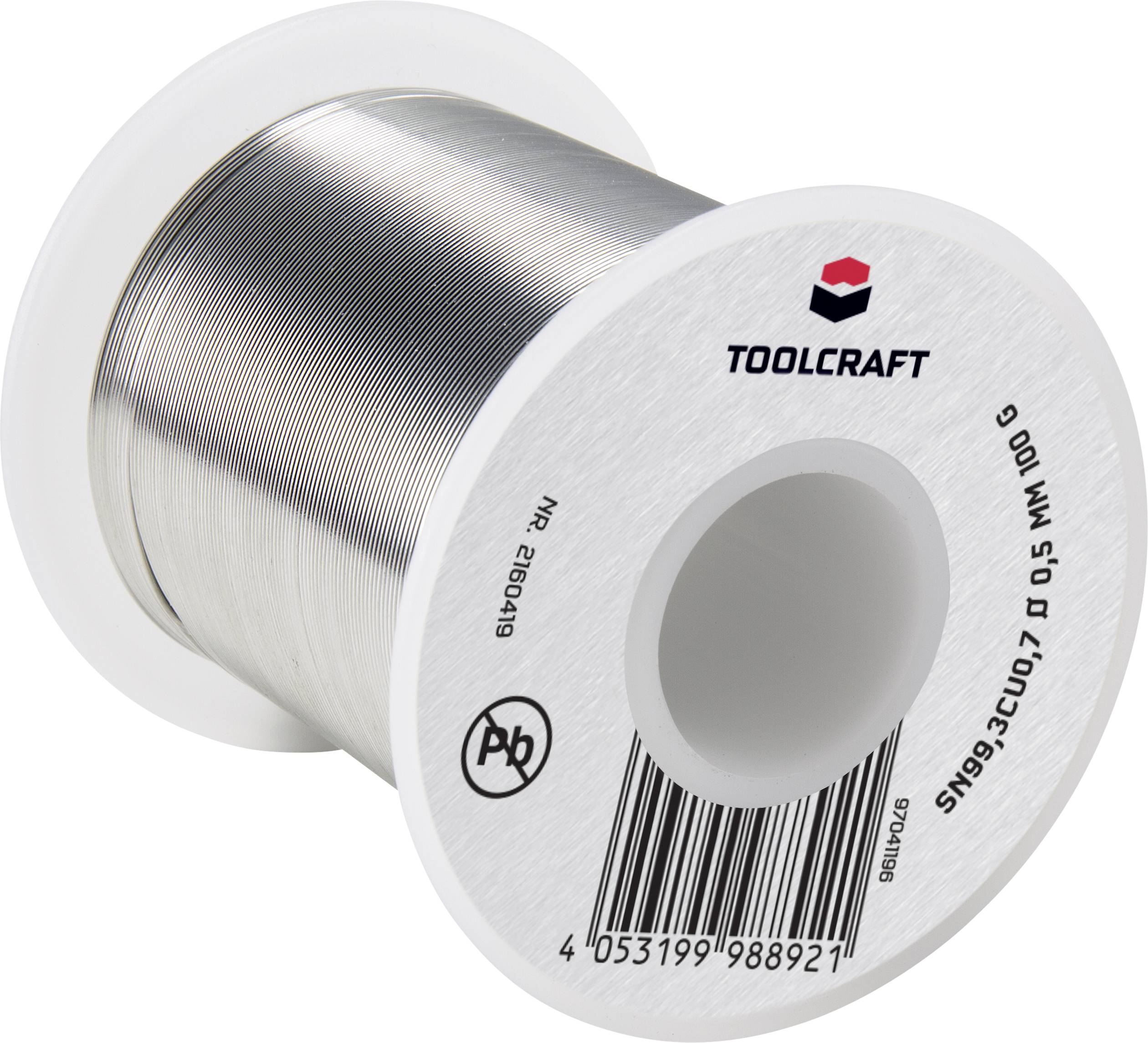 Solder tin reel with 'TOOLCRAFT' inscription, suitable for fine soldering work. SZ-DNS 07, 0.5 mm diameter, 100 g.