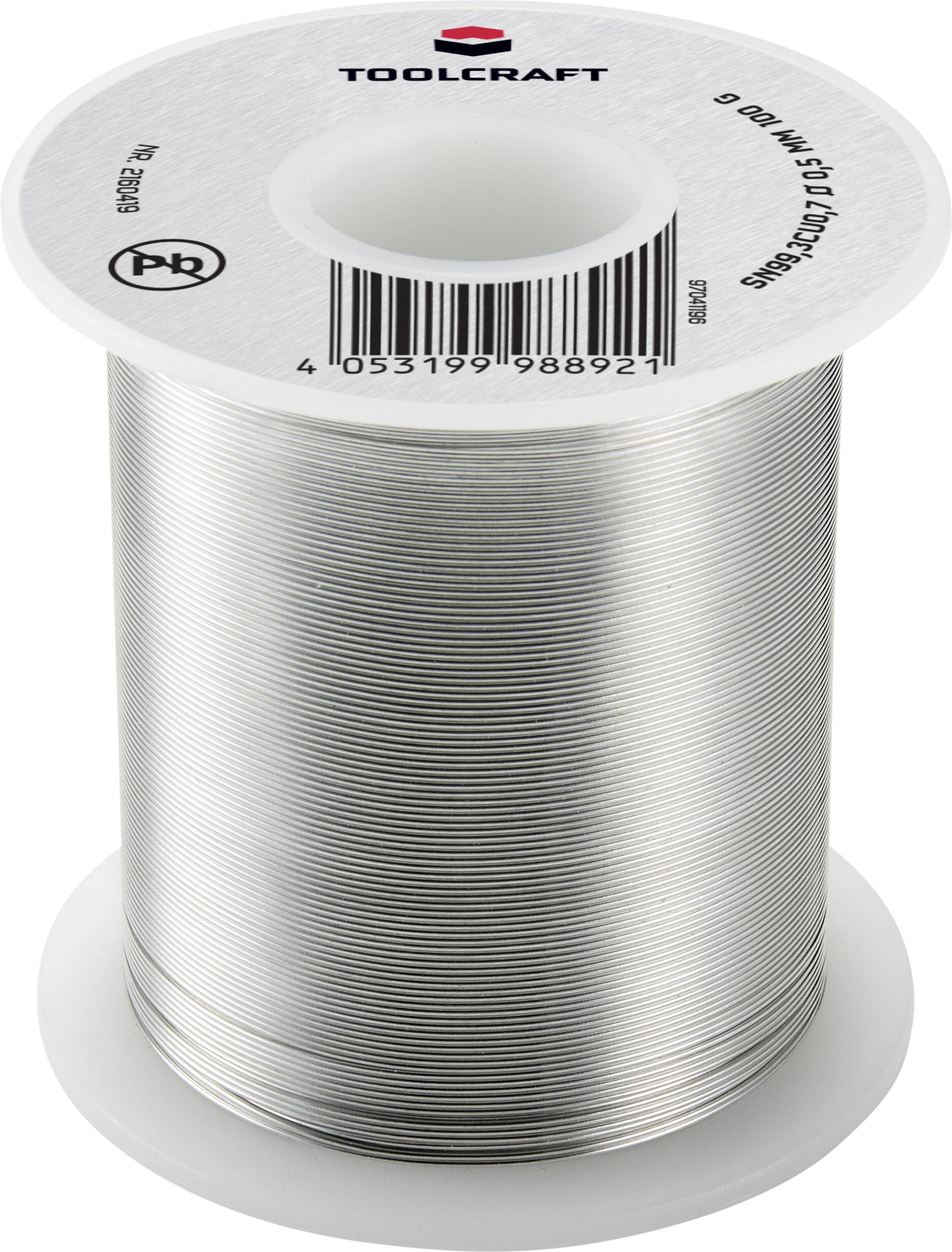A reel of solder from Toolcraft, 500g, 0.8mm diameter, silver-coloured. Suitable for electrical soldering work.