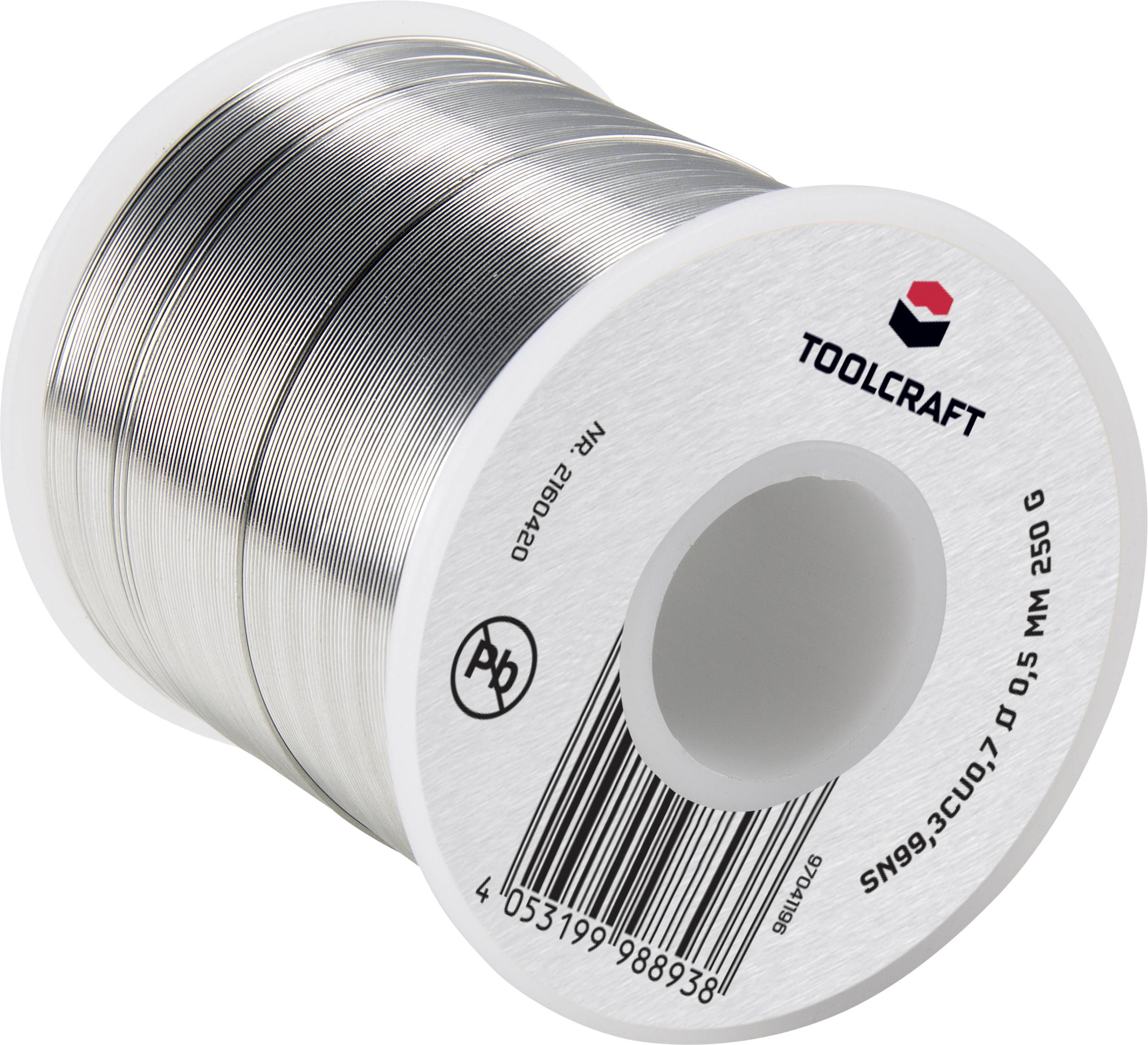 A reel of solder wire, marked with 'TOOLCRAFT', with specifications: SN99.3CU0.7, diameter 0.5 mm, weight 250 g.