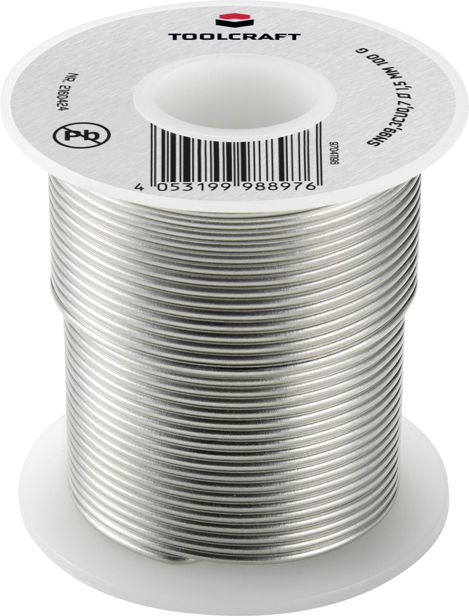 A reel of solder from the Toolcraft brand, consisting of a thin metal winding.