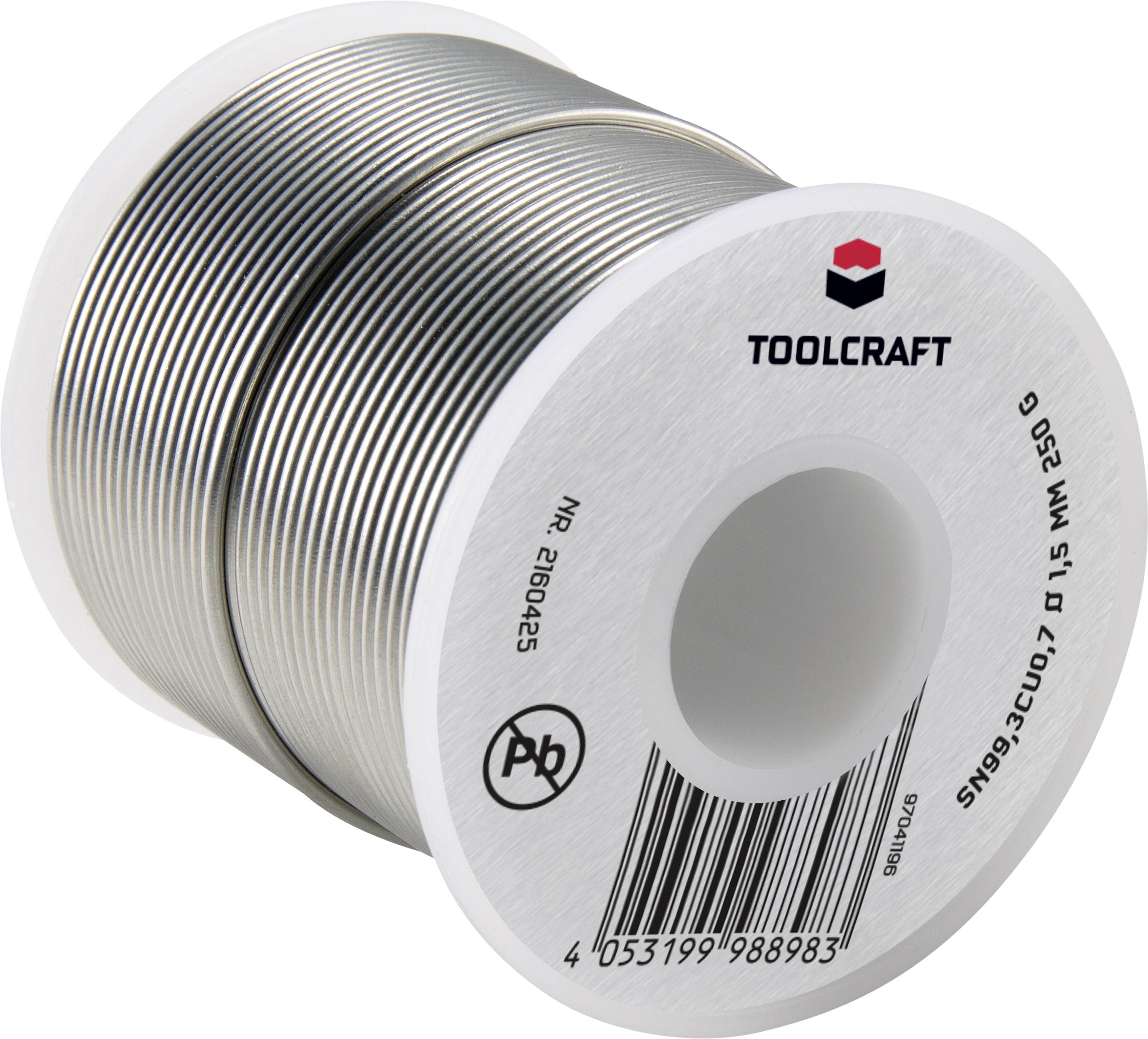 Toolcraft brand soldering tin reel. The reel displays the company logo and contains information such as alloy type and barcode.