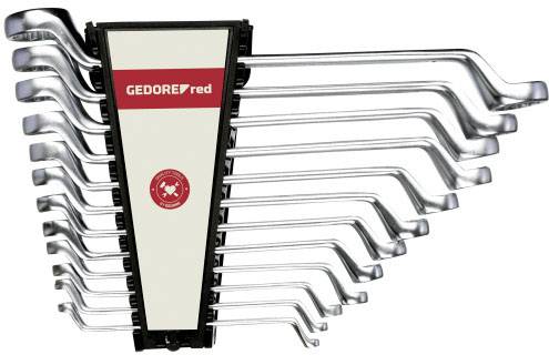 'Gedore Red' spanner set with 12 curved ring spanners on a black holder.