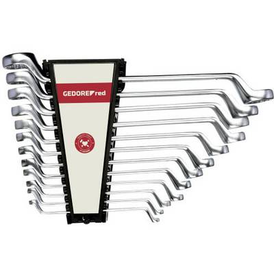 'Gedore Red' spanner set with 12 curved ring spanners on a black holder.
