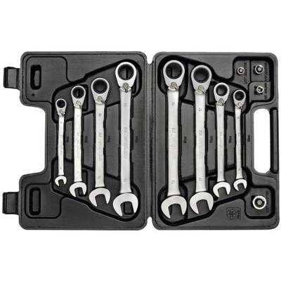 A set of seven spanners in a black plastic case, arranged by size, pictured from left to right.
