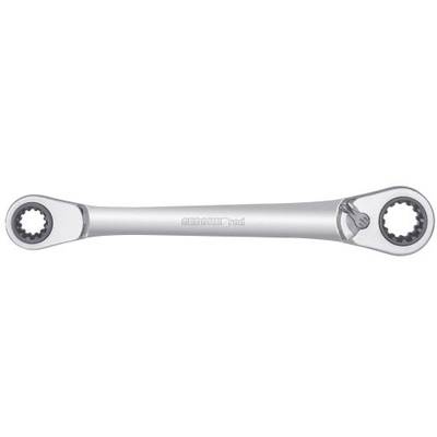 Two-headed ring spanner made of metal with a ratchet mechanism, suitable for screws of various sizes.