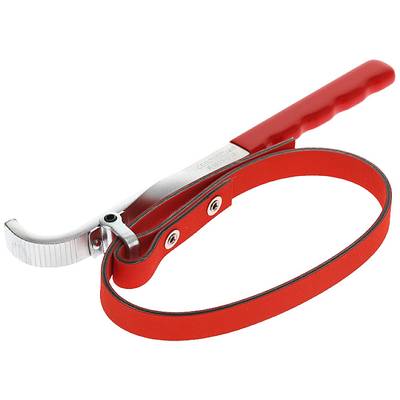 A red oil filter wrench with a metal handle and adjustable strap, used for removing oil filters in cars or machinery.
