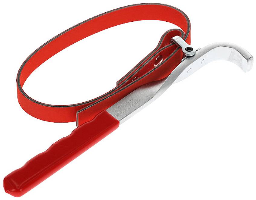 An adjustable oil filter wrench with a red handle and strap for removing oil filters.