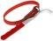 An adjustable oil filter wrench with a red handle and strap for removing oil filters.