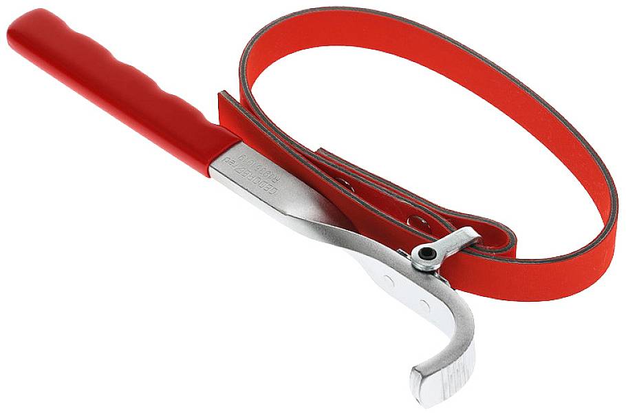 A red oil filter wrench with a metal handle and adjustable strap for easy removal of oil filters.