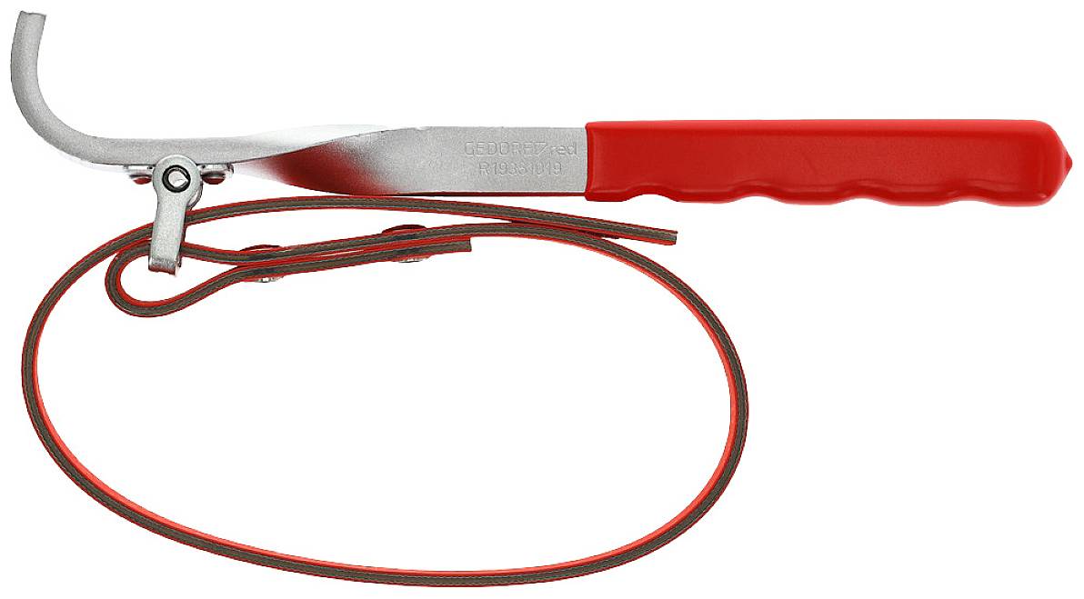 A red pipe wrench with a handle and strap for tightening pipes.