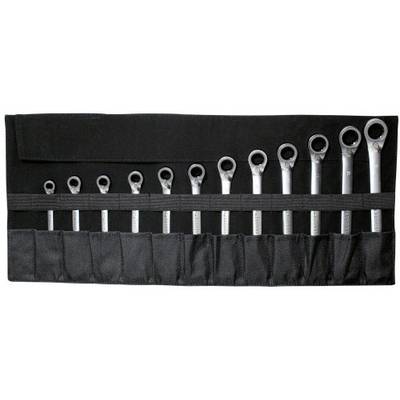 A set of twelve ratchet spanners in a black roll-up pouch, arranged by size from small on the left to large on the right.