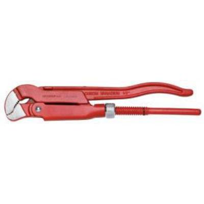 Red pipe wrench with adjustable handle and serrated jaws for tight water pipes. Placed on white background.