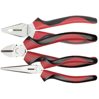 Three different hand tools with red and black handles: a combination pliers, side cutters, and long-nose pliers.