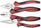 Three different hand tools with red and black handles: a combination pliers, side cutters, and long-nose pliers.
