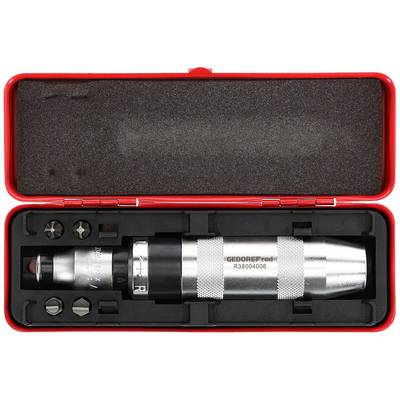 A screwdriver set in a red plastic case. Contains multiple bits, including cross-head and flathead bits, along with a metal screwdriver.