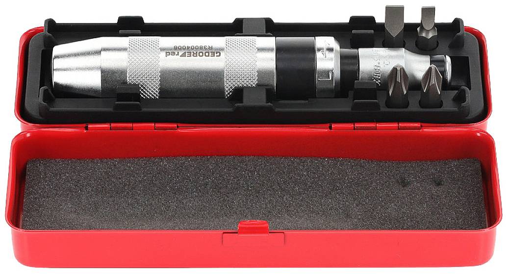 Metal screwdriver set in a red box with foam lining. Contains a screwdriver handle and six different interchangeable bits.