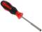 A screwdriver with a red and black handle, with a rounded metal blade, suitable for manually tightening screws.