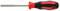 Hand screwdriver with red and black handle and round metal head, suitable for precise manual work.