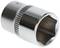 Metal socket wrench head with six-sided opening and knurled handle.