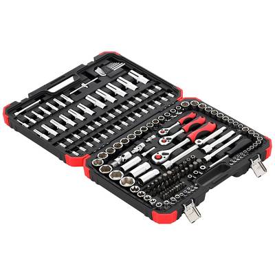 Toolbox with various spanners, sockets and ratchets in different sizes, viewed from above when opened.