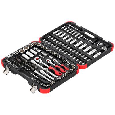 'Black and red tool set with ratchets, sockets and bits in an open case.'