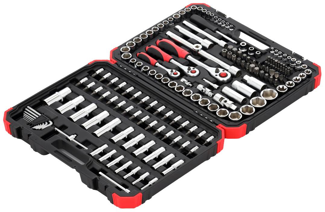 An open tool case with various socket wrenches, ratchets and extensions, neatly arranged in a plastic case.