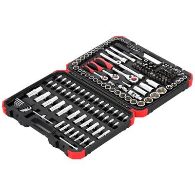 An open tool case with various socket wrenches, ratchets and extensions, neatly arranged in a plastic case.