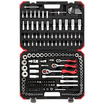 An open toolbox with various socket spanners, ratchets, and Allen keys, neatly arranged.