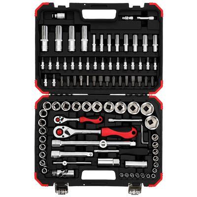 Tool case with socket wrench set: Various sizes of socket wrenches, ratchets and extensions, neatly arranged.